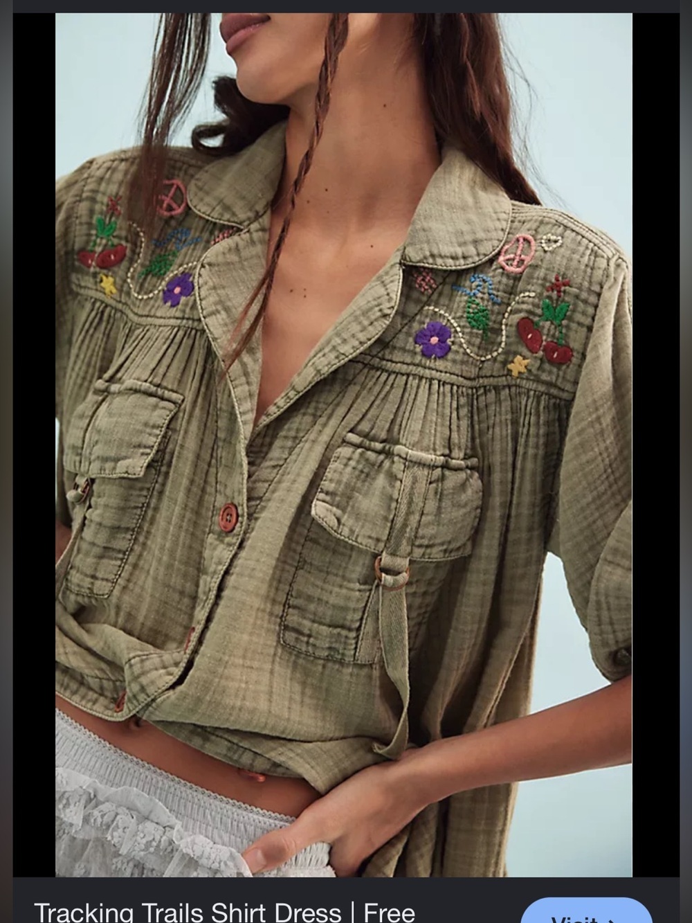 Free People Olive Green Embroidered Gauze Tunic - Picture 2 of 8